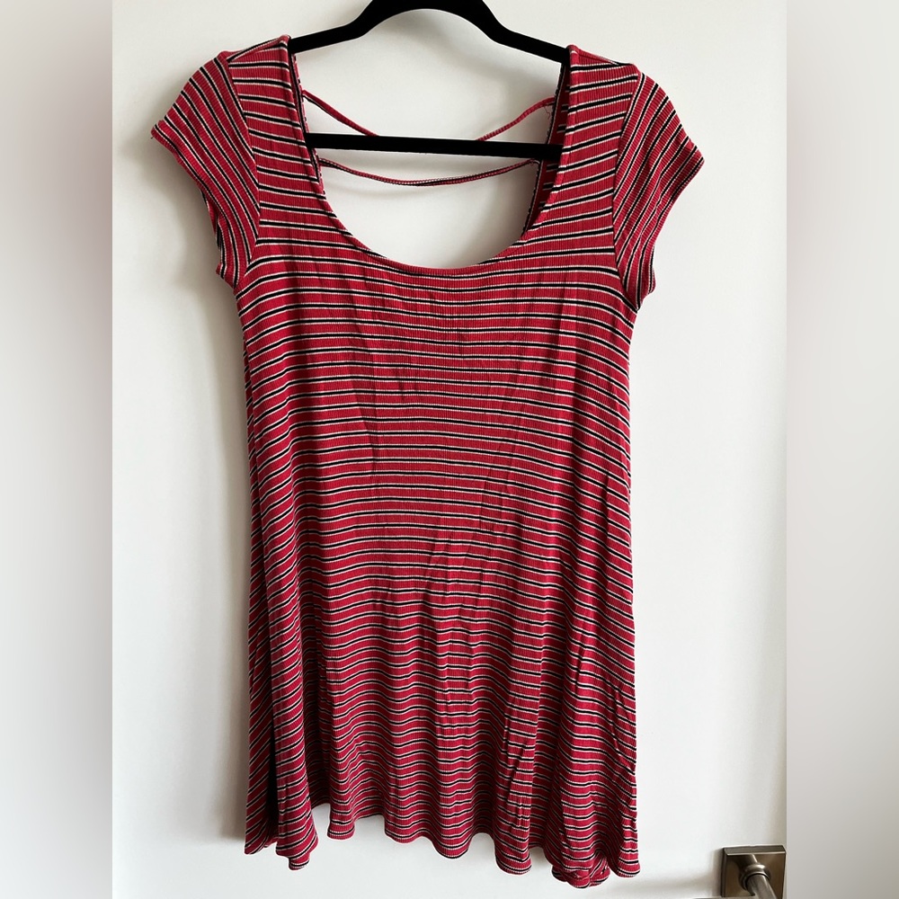 Red striped low back swing dress